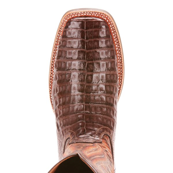 Ariat Double Down Caiman Gator Belly Square Toe Boots (Pecan) Online now