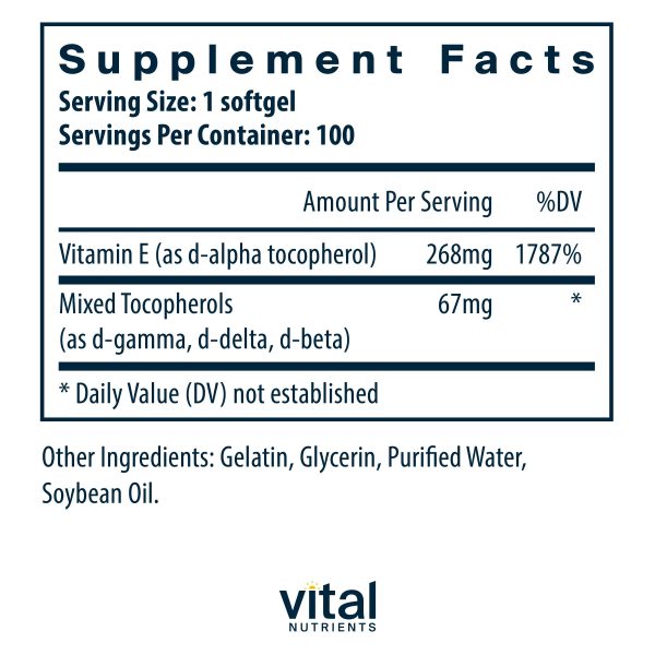 Vital Nutrients Vitamin E  (with mixed tocopherols) 100 softgels Discount